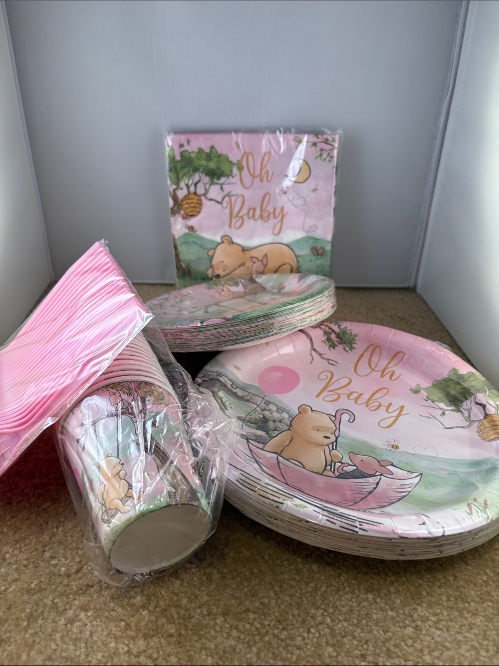Winnie the Pooh Oh Baby Pink Baby Shower Party Plate, Cup & Napkin Set